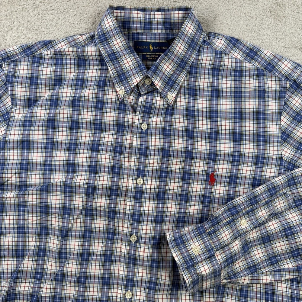 Polo Ralph Lauren Shirt Men XL Blue Plaid Long Sleeve Button Pony Cotton Stretch